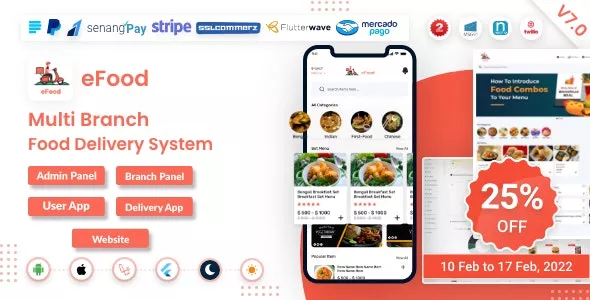 eFood – 带有 Laravel 管理面板的送餐应用 + Delivery Man App V7.0源代码