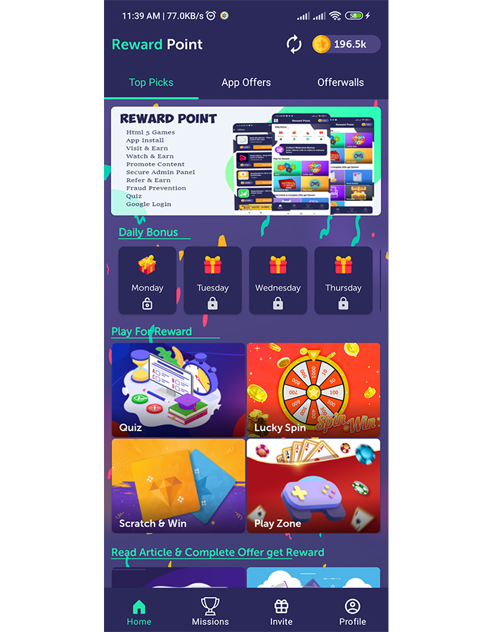做任务APP,观看视频/玩游戏/做任务/奖励积分 – Html Games + Offerwall源代码