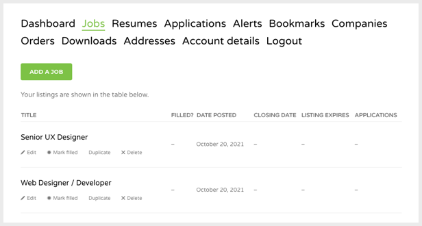 WP Job Manager、插件和 WooCommerce 的仪表板和用户帐户源代码