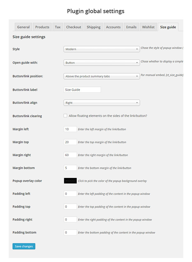 WooCommerce 产品尺寸指南源代码