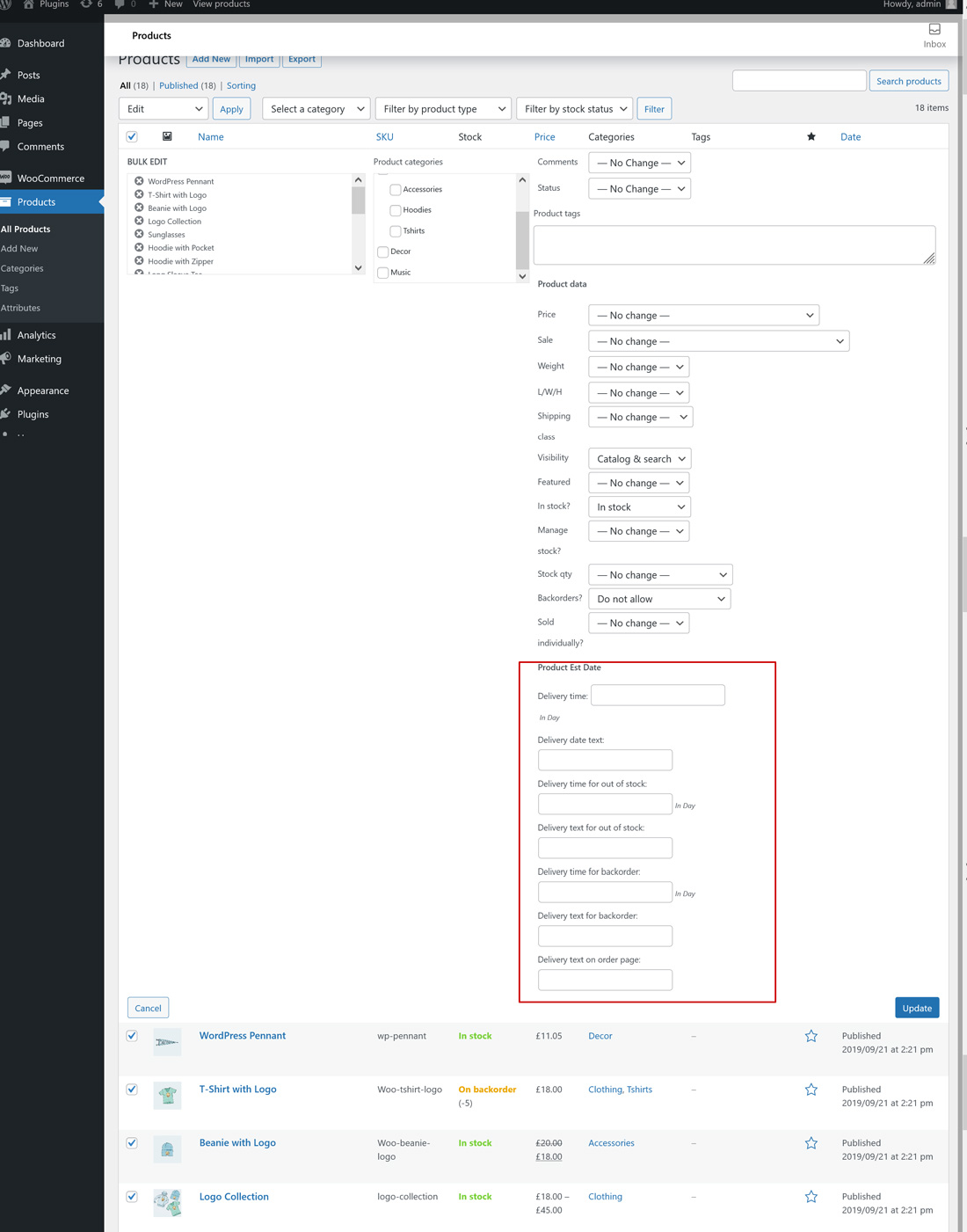 WooCommerce 每个产品的预计交货或发货日期源代码