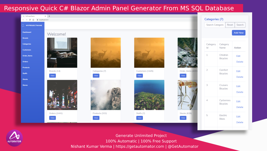 MS SQL 到 C# Blazor 实体框架管理面板生成器 .Net C# | Blazore Bootstrap 剃须刀源代码