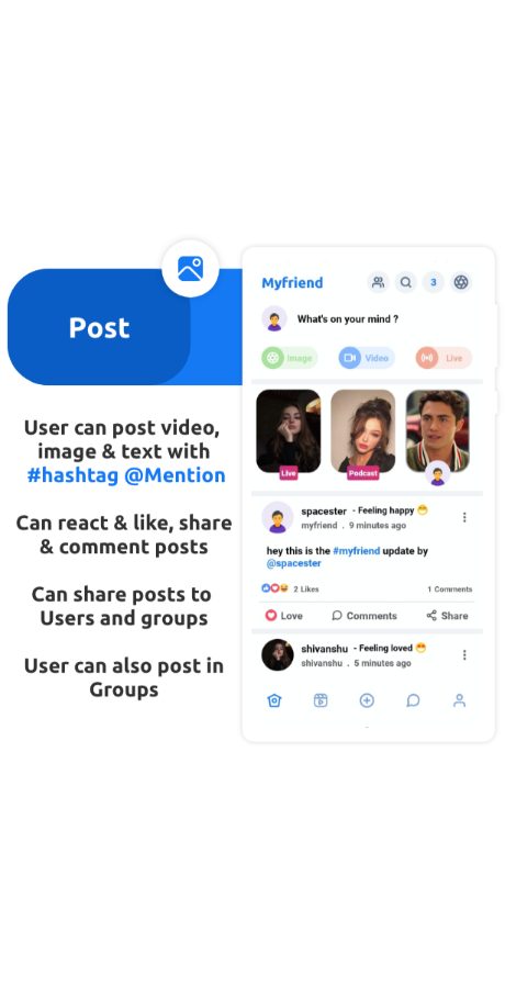 Myfriend – Friend Chat Post Tiktok Follow Radio Group 电子商务 Zoom Live 克隆社交网络应用程序源代码