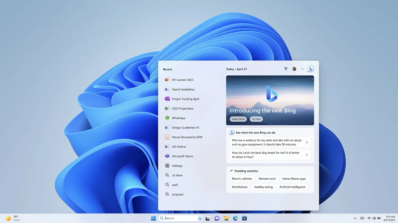 微软 AI 驱动的 Bing 将出现在 Windows 11 任务栏中